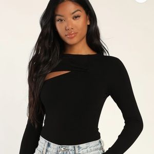 NWT - Black Ribbed Front Knot Cutout Bodysuit